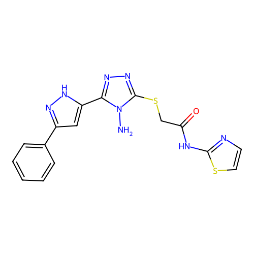 2-((4-amino-5-(3-phenyl-1H-pyrazol-5-yl)-4H-1,2,4-triazol-3-yl)thio)-N-(thiazol-2-yl)acetamide structure