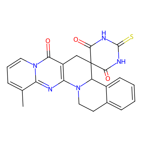 12-methyl-2'-thioxo-2',3',15,16-tetrahydro-1'H,4bH-spiro[pyrido[1'',2'':1',2']pyrimido[5',4':5,6]pyrido[2,1-a]isoquinoline-5,5'-pyrimidine]-4',6',7(6H)-trione structure