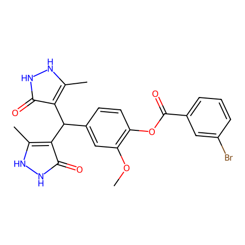 [4-[bis(3-methyl-5-oxo-1,2-dihydropyrazol-4-yl)methyl]-2-methoxy-phenyl] 3-bromobenzoate structure