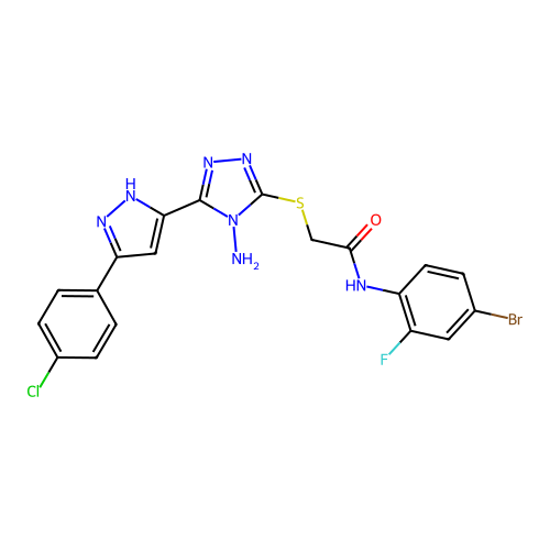 2-((4-amino-5-(3-(4-chlorophenyl)-1H-pyrazol-5-yl)-4H-1,2,4-triazol-3-yl)thio)-N-(4-bromo-2-fluorophenyl)acetamide structure