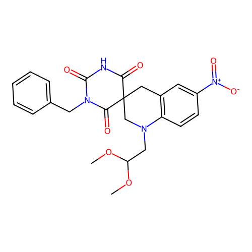 1-benzyl-1'-(2,2-dimethoxyethyl)-6'-nitro-2',4'-dihydro-1H,1'H-spiro[pyrimidine-5,3'-quinoline]-2,4,6(3H)-trione structure