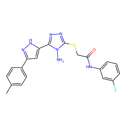2-((4-amino-5-(3-(p-tolyl)-1H-pyrazol-5-yl)-4H-1,2,4-triazol-3-yl)thio)-N-(3-fluorophenyl)acetamide structure