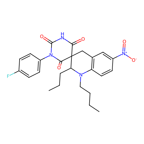 1'-butyl-1-(4-fluorophenyl)-6'-nitro-2'-propyl-2',4'-dihydro-1H,1'H-spiro[pyrimidine-5,3'-quinoline]-2,4,6(3H)-trione structure
