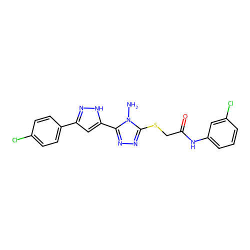 2-((4-amino-5-(3-(4-chlorophenyl)-1H-pyrazol-5-yl)-4H-1,2,4-triazol-3-yl)thio)-N-(3-chlorophenyl)acetamide structure