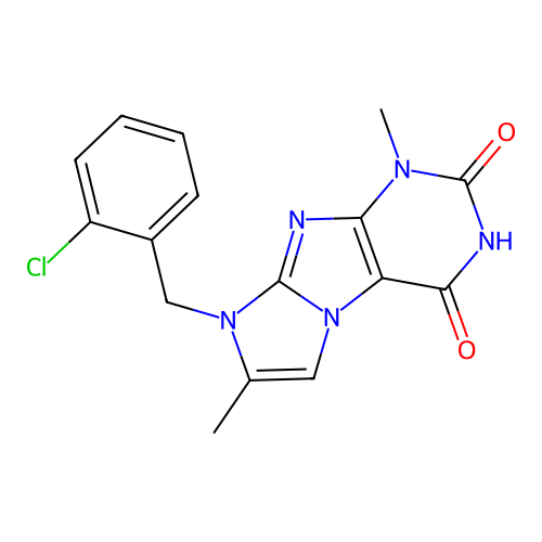 8-[(2-chlorophenyl)methyl]-1,7-dimethyl-1,3,5-trihydro-4-imidazolino[1,2-h]pur ine-2,4-dione structure