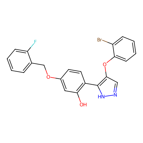 2-[4-(2-bromophenoxy)-1H-pyrazol-5-yl]-5-[(2-fluorobenzyl)oxy]phenol structure