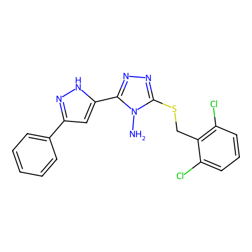 3-((2,6-dichlorobenzyl)thio)-5-(3-phenyl-1H-pyrazol-5-yl)-4H-1,2,4-triazol-4-amine structure
