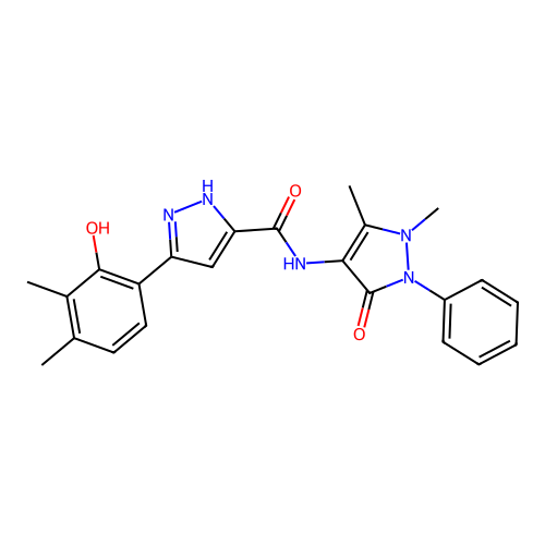 N-(1,5-dimethyl-3-oxo-2-phenyl-2,3-dihydro-1H-pyrazol-4-yl)-5-(2-hydroxy-3,4-dimethylphenyl)-1H-pyrazole-3-carboxamide structure