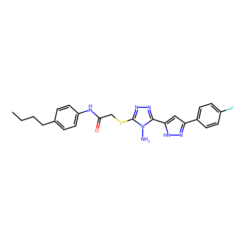 2-((4-amino-5-(3-(4-fluorophenyl)-1H-pyrazol-5-yl)-4H-1,2,4-triazol-3-yl)thio)-N-(4-butylphenyl)acetamide structure