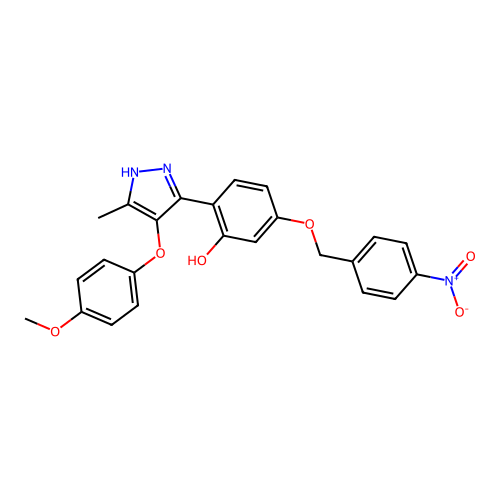 2-(4-(4-methoxyphenoxy)-5-methyl-1H-pyrazol-3-yl)-5-((4-nitrobenzyl)oxy)phenol structure