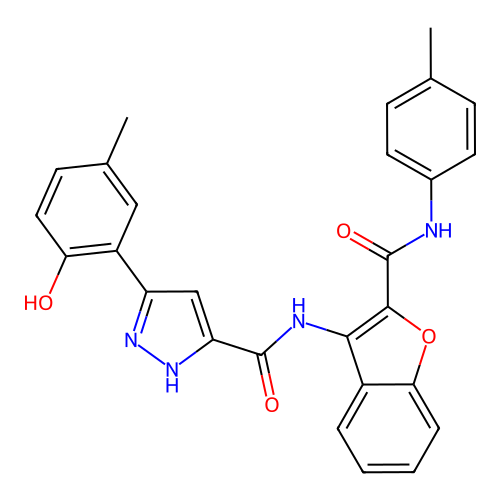 5-(2-hydroxy-5-methylphenyl)-N-{2-[(4-methylphenyl)carbamoyl]-1-benzofuran-3-yl}-1H-pyrazole-3-carboxamide structure