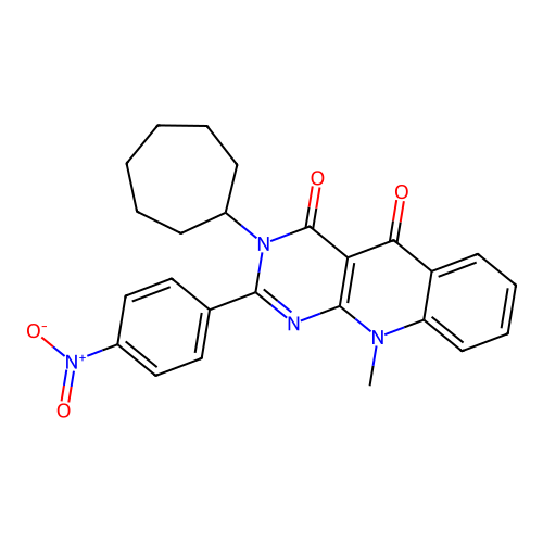 3-cycloheptyl-10-methyl-2-(4-nitrophenyl)pyrimido[4,5-b]quinoline-4,5(3H,10H)-dione structure