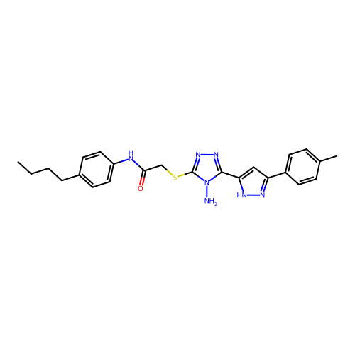 2-((4-amino-5-(3-(p-tolyl)-1H-pyrazol-5-yl)-4H-1,2,4-triazol-3-yl)thio)-N-(4-butylphenyl)acetamide structure