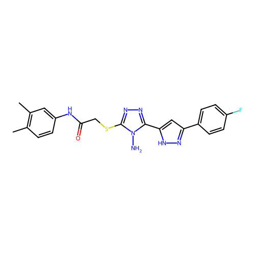 2-((4-amino-5-(3-(4-fluorophenyl)-1H-pyrazol-5-yl)-4H-1,2,4-triazol-3-yl)thio)-N-(3,4-dimethylphenyl)acetamide structure