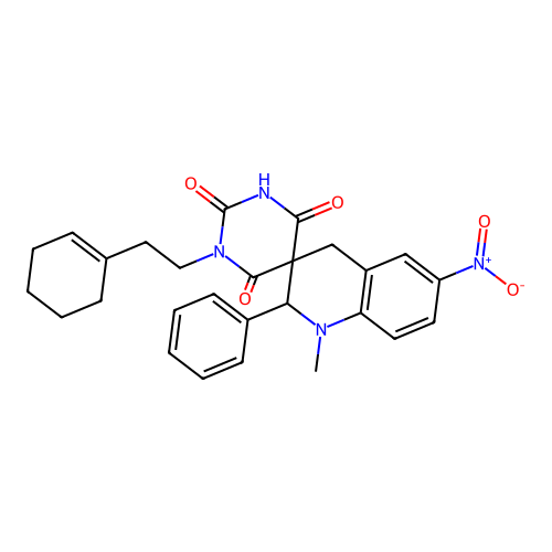 1-(2-(cyclohex-1-en-1-yl)ethyl)-1'-methyl-6'-nitro-2'-phenyl-2',4'-dihydro-1H,1'H-spiro[pyrimidine-5,3'-quinoline]-2,4,6(3H)-trione structure