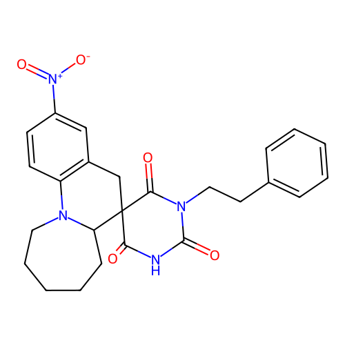 2'-hydroxy-3-nitro-1'-(2-phenylethyl)-6a,7,8,9,10,11-hexahydro-4'H,5H-spiro[azepino[1,2-a]quinoline-6,5'-pyrimidine]-4',6'(1'H)-dione structure