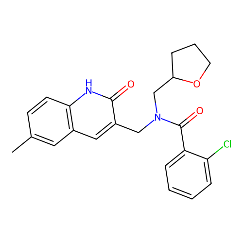 2-chloro-N-((2-hydroxy-6-methylquinolin-3-yl)methyl)-N-((tetrahydrofuran-2-yl)methyl)benzamide structure
