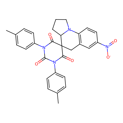 1,3-bis(4-methylphenyl)-7'-nitro-1',2',3',3a'-tetrahydro-2H,5'H-spiro[pyrimidine-5,4'-pyrrolo[1,2-a]quinoline]-2,4,6(1H,3H)-trione structure