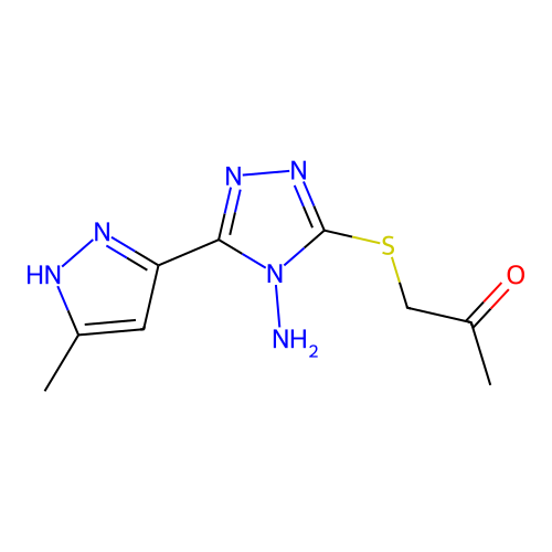 1-((4-amino-5-(3-methyl-1H-pyrazol-5-yl)-4H-1,2,4-triazol-3-yl)thio)propan-2-one structure