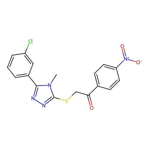 2-((5-(3-chlorophenyl)-4-methyl-4H-1,2,4-triazol-3-yl)thio)-1-(4-nitrophenyl)ethanone structure