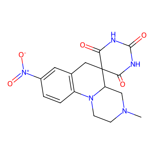2',6'-dihydroxy-3-methyl-8-nitro-2,3,4,4a-tetrahydro-1H,4'H,6H-spiro[pyrazino[1,2-a]quinoline-5,5'-pyrimidin]-4'-one structure
