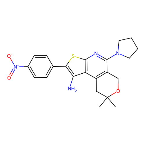 8,8-dimethyl-2-(4-nitrophenyl)-5-(pyrrolidin-1-yl)-8,9-dihydro-6H-pyrano[4,3-d]thieno[2,3-b]pyridin-1-amine structure