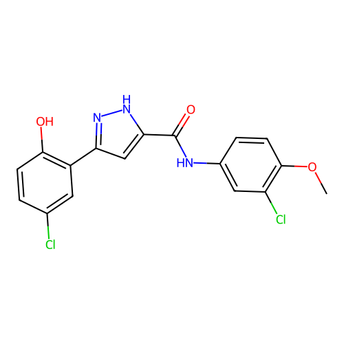 5-(5-chloro-2-hydroxyphenyl)-N-(3-chloro-4-methoxyphenyl)-1H-pyrazole-3-carboxamide structure