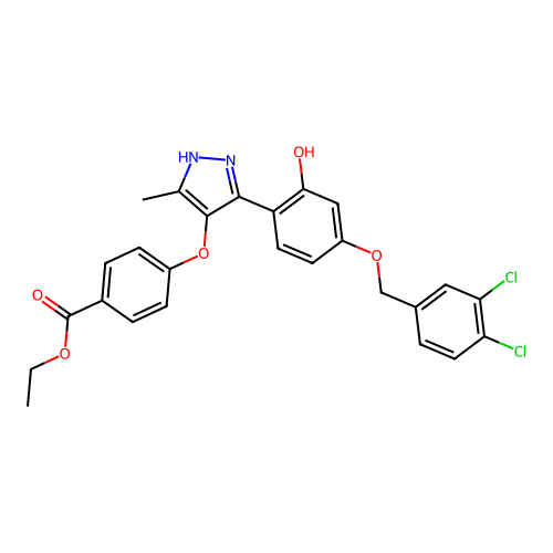 ethyl 4-((3-(4-((3,4-dichlorobenzyl)oxy)-2-hydroxyphenyl)-5-methyl-1H-pyrazol-4-yl)oxy)benzoate structure