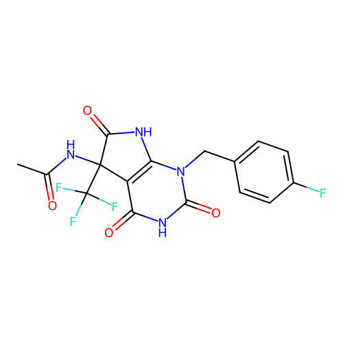 N-(1-(4-fluorobenzyl)-2,4,6-trioxo-5-(trifluoromethyl)-2,3,4,5,6,7-hexahydro-1H-pyrrolo[2,3-d]pyrimidin-5-yl)acetamide structure