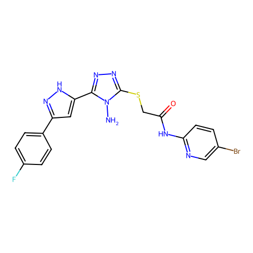 2-((4-amino-5-(3-(4-fluorophenyl)-1H-pyrazol-5-yl)-4H-1,2,4-triazol-3-yl)thio)-N-(5-bromopyridin-2-yl)acetamide structure