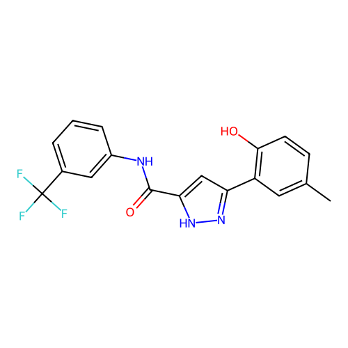 3-(2-hydroxy-5-methylphenyl)-N-[3-(trifluoromethyl)phenyl]-1H-pyrazole-5-carboxamide structure