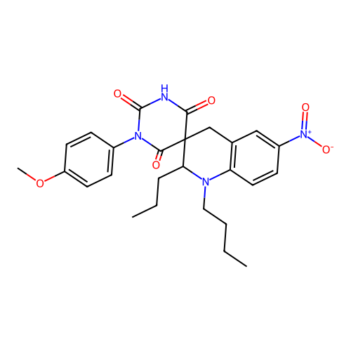1'-butyl-1-(4-methoxyphenyl)-6'-nitro-2'-propyl-2',4'-dihydro-1H,1'H-spiro[pyrimidine-5,3'-quinoline]-2,4,6(3H)-trione structure