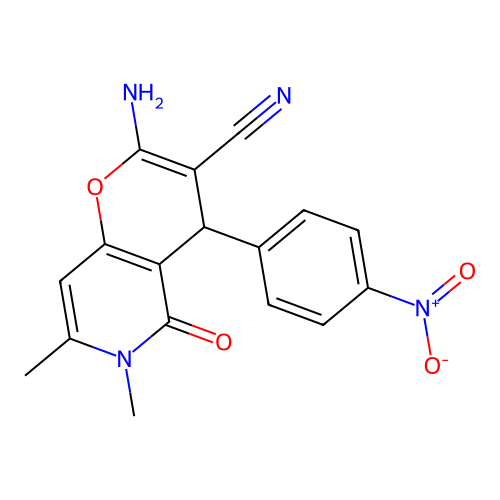 2-amino-6,7-dimethyl-4-(4-nitrophenyl)-5-oxo-5,6-dihydro-4H-pyrano[3,2-c]pyridine-3-carbonitrile structure