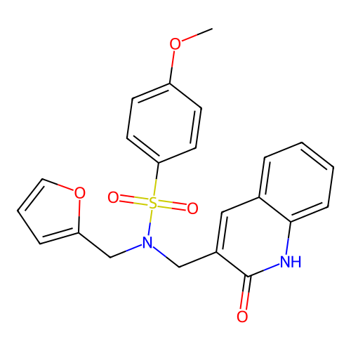 N-(2-furylmethyl)-4-methoxy-N-[(2-oxo-1H-quinolin-3-yl)methyl]benzenesulfonamide structure