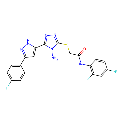2-((4-amino-5-(3-(4-fluorophenyl)-1H-pyrazol-5-yl)-4H-1,2,4-triazol-3-yl)thio)-N-(2,4-difluorophenyl)acetamide structure