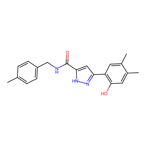 5-(2-hydroxy-4,5-dimethylphenyl)-N-(4-methylbenzyl)-1H-pyrazole-3-carboxamide structure