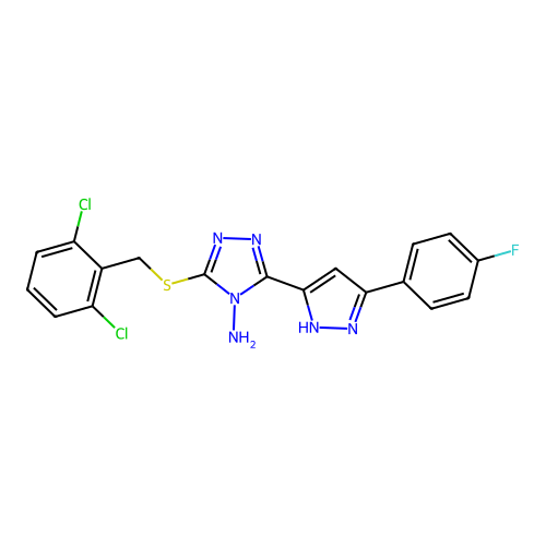 3-((2,6-dichlorobenzyl)thio)-5-(3-(4-fluorophenyl)-1H-pyrazol-5-yl)-4H-1,2,4-triazol-4-amine structure