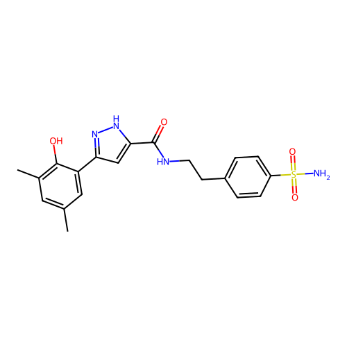 5-(2-hydroxy-3,5-dimethylphenyl)-N-[2-(4-sulfamoylphenyl)ethyl]-1H-pyrazole-3-carboxamide structure