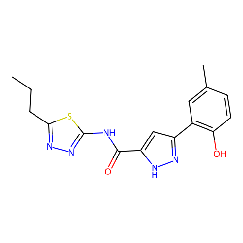 5-(2-hydroxy-5-methylphenyl)-N-(5-propyl-1,3,4-thiadiazol-2-yl)-1H-pyrazole-3-carboxamide structure