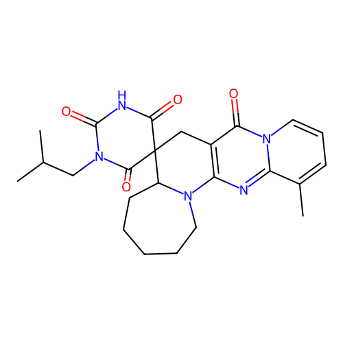 1'-isobutyl-13-methyl-1,2,3,4,5,5a-hexahydro-1'H-spiro[pyrido[1'',2'':1',2']pyrimido[5',4':5,6]pyrido[1,2-a]azepine-6,5'-pyrimidine]-2',4',6',8(3'H,7H)-tetraone structure