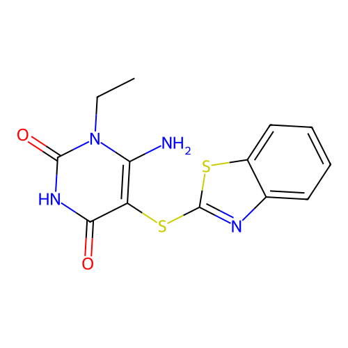 6-amino-5-(benzo[d]thiazol-2-ylthio)-1-ethylpyrimidine-2,4(1H,3H)-dione structure
