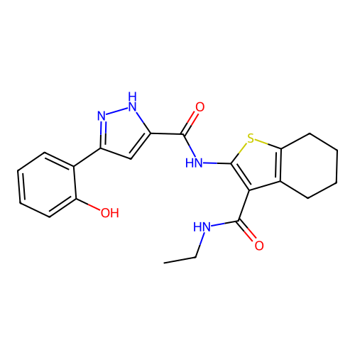 (5Z)-N-[3-(ethylcarbamoyl)-4,5,6,7-tetrahydro-1-benzothiophen-2-yl]-5-(6-oxocyclohexa-2,4-dien-1-ylidene)-1,2-dihydropyrazole-3-carboxamide structure