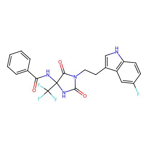 N-[1-[2-(5-fluoro-1H-indol-3-yl)ethyl]-2,5-dioxo-4-(trifluoromethyl)imidazolidin-4-yl]benzamide structure