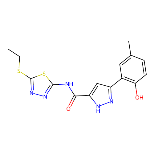 N-[5-(ethylsulfanyl)-1,3,4-thiadiazol-2-yl]-5-(2-hydroxy-5-methylphenyl)-1H-pyrazole-3-carboxamide structure
