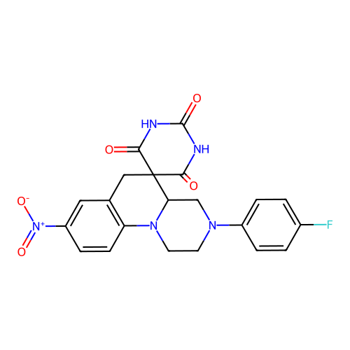 3'-(4-fluorophenyl)-8'-nitrospiro[1,3-diazinane-5,5'-2,4,4a,6-tetrahydro-1H-pyrazino[1,2-a]quinoline]-2,4,6-trione structure