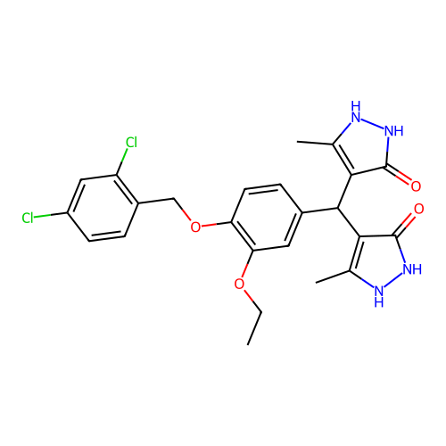 4,4'-({4-[(2,4-dichlorobenzyl)oxy]-3-ethoxyphenyl}methanediyl)bis(3-methyl-1H-pyrazol-5-ol) structure