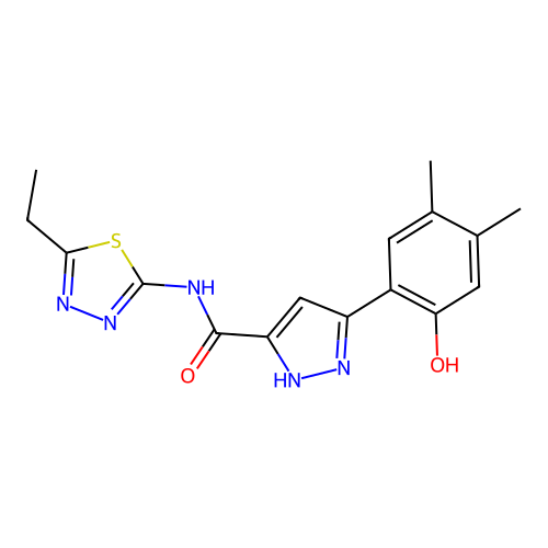 N-(5-ethyl-1,3,4-thiadiazol-2-yl)-5-(2-hydroxy-4,5-dimethylphenyl)-1H-pyrazole-3-carboxamide structure