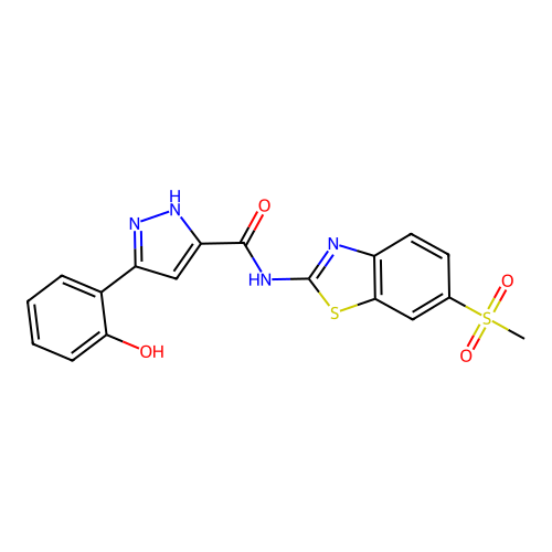 5-(2-hydroxyphenyl)-N-[6-(methylsulfonyl)-1,3-benzothiazol-2-yl]-1H-pyrazole-3-carboxamide structure