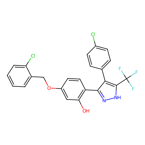 5-[(2-chlorobenzyl)oxy]-2-[4-(4-chlorophenyl)-5-(trifluoromethyl)-1H-pyrazol-3-yl]phenol structure