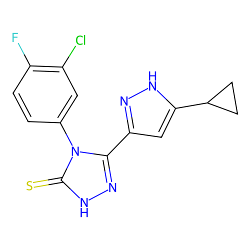 4-(3-chloro-4-fluorophenyl)-3-(5-cyclopropyl-1H-pyrazol-3-yl)-1H-1,2,4-triazole-5-thione structure